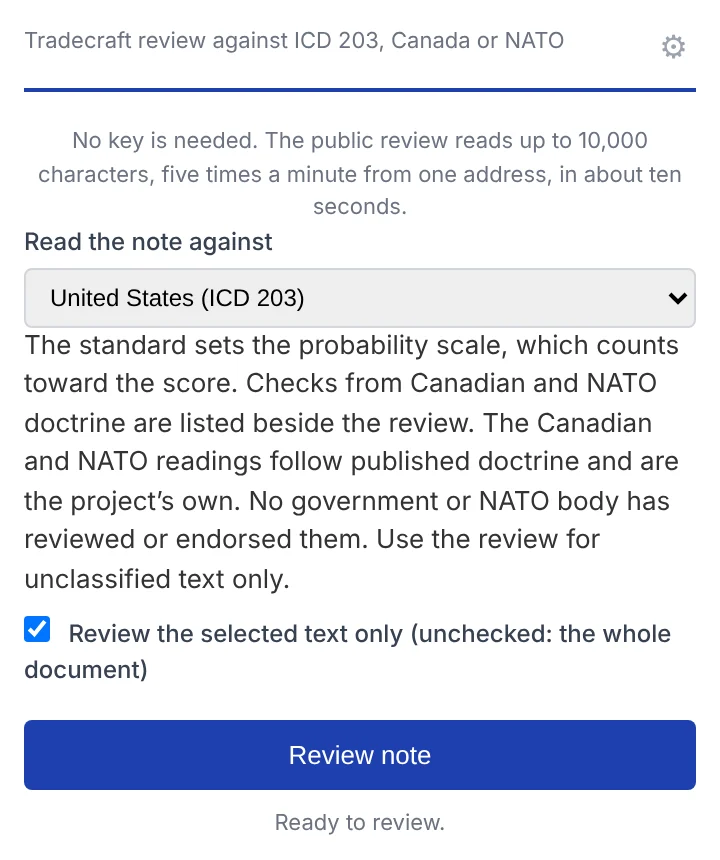 The Word add-in’s pane before a review, with a choice of the United States, Canadian or NATO standard and a Review note button.